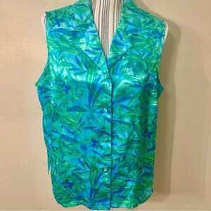 Morgan Taylor Intimates Top Sleep Top Large Sleeveless Teal Green Satin Tropical